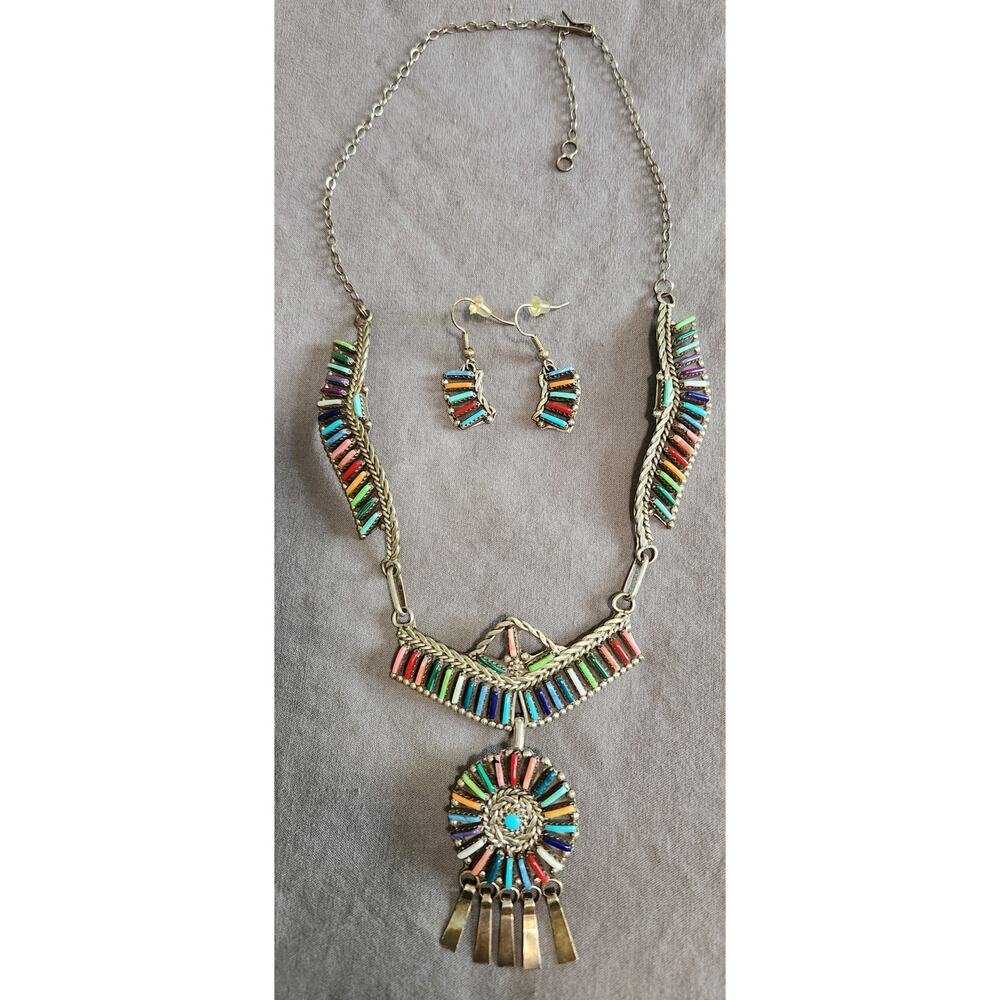 Zuni Sterling Multi-stone Rainbow Petit Point Necklace, Pendant & Earring Set